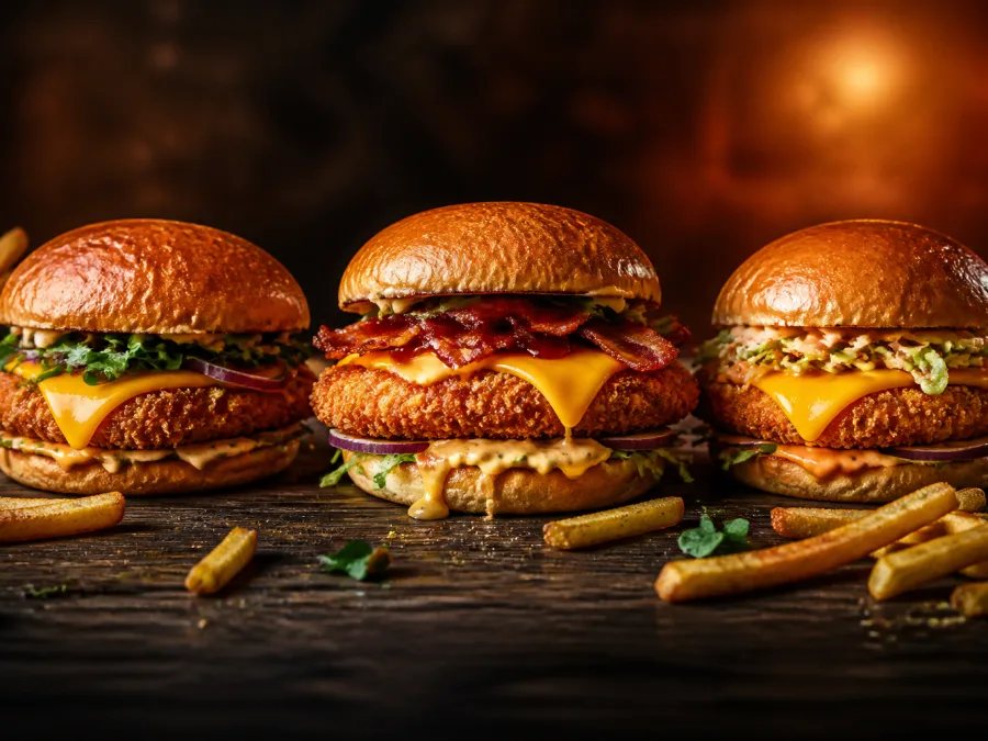 Selection of crispy chicken burgers with fries