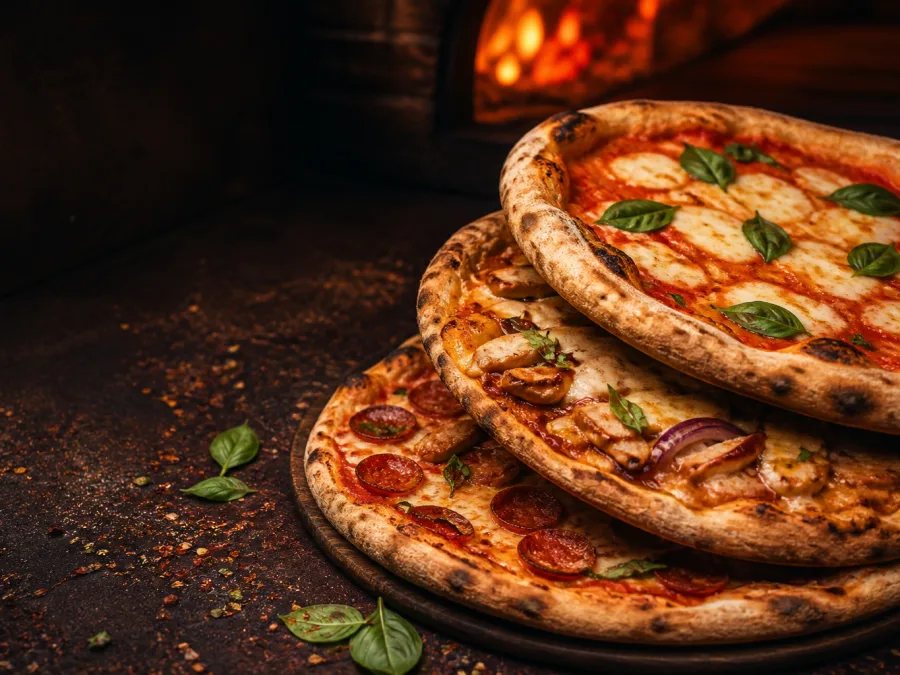 Stack of freshly baked pizzas
