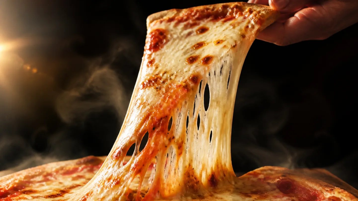Long cheese pull from a hot pizza slice